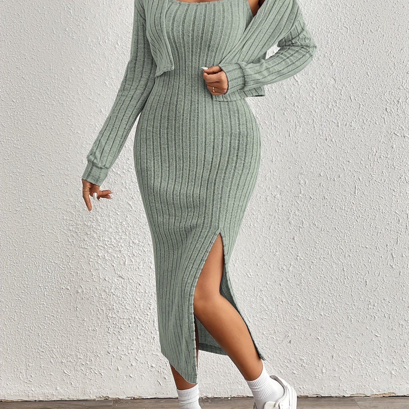 Stijlvolle Geribde Midi jurk Set Voor Dames Met Bolero Vest En Split