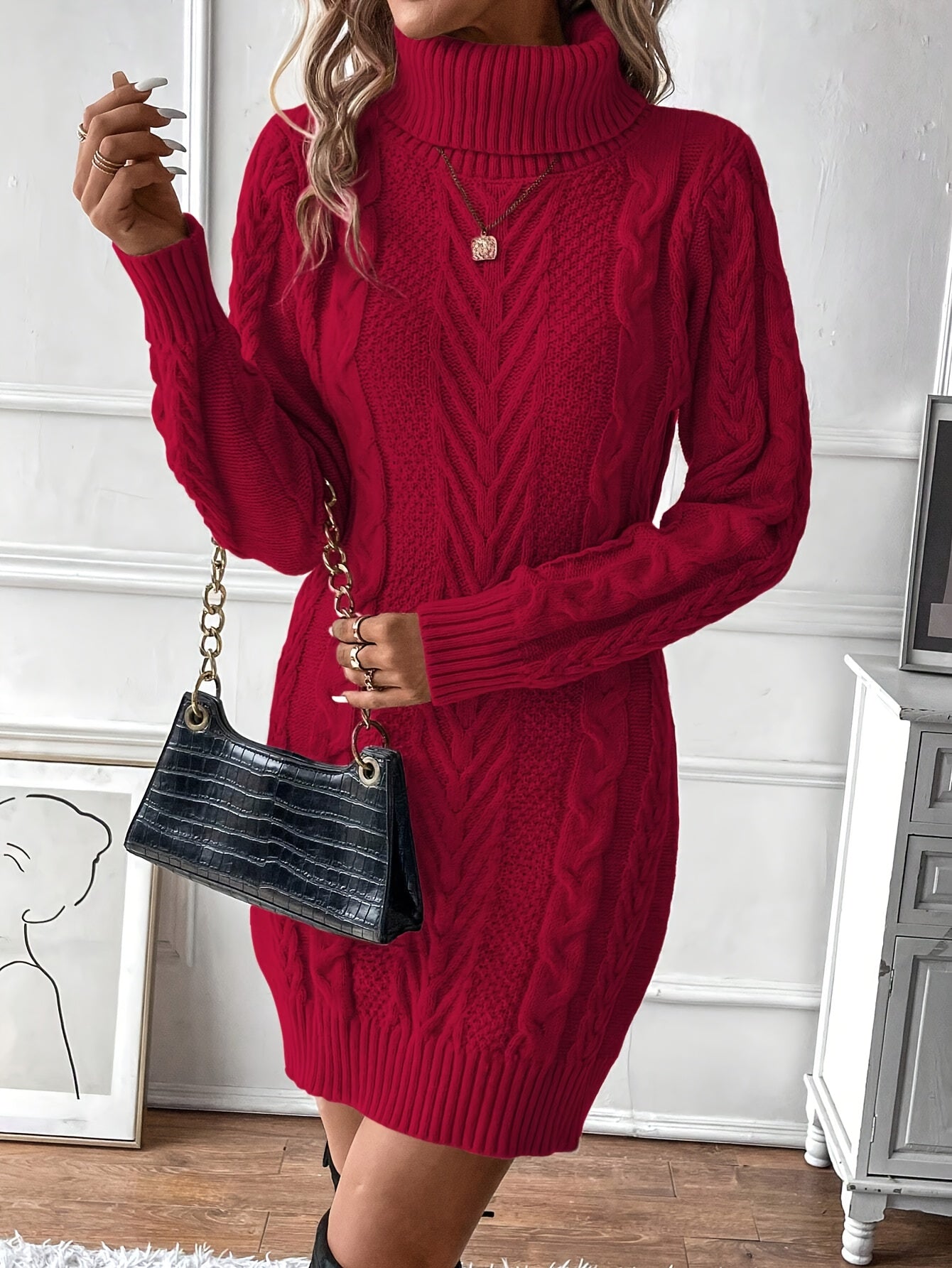 Kabelgebreide Mini Sweaterjurk Met Col Voor Dames Winter