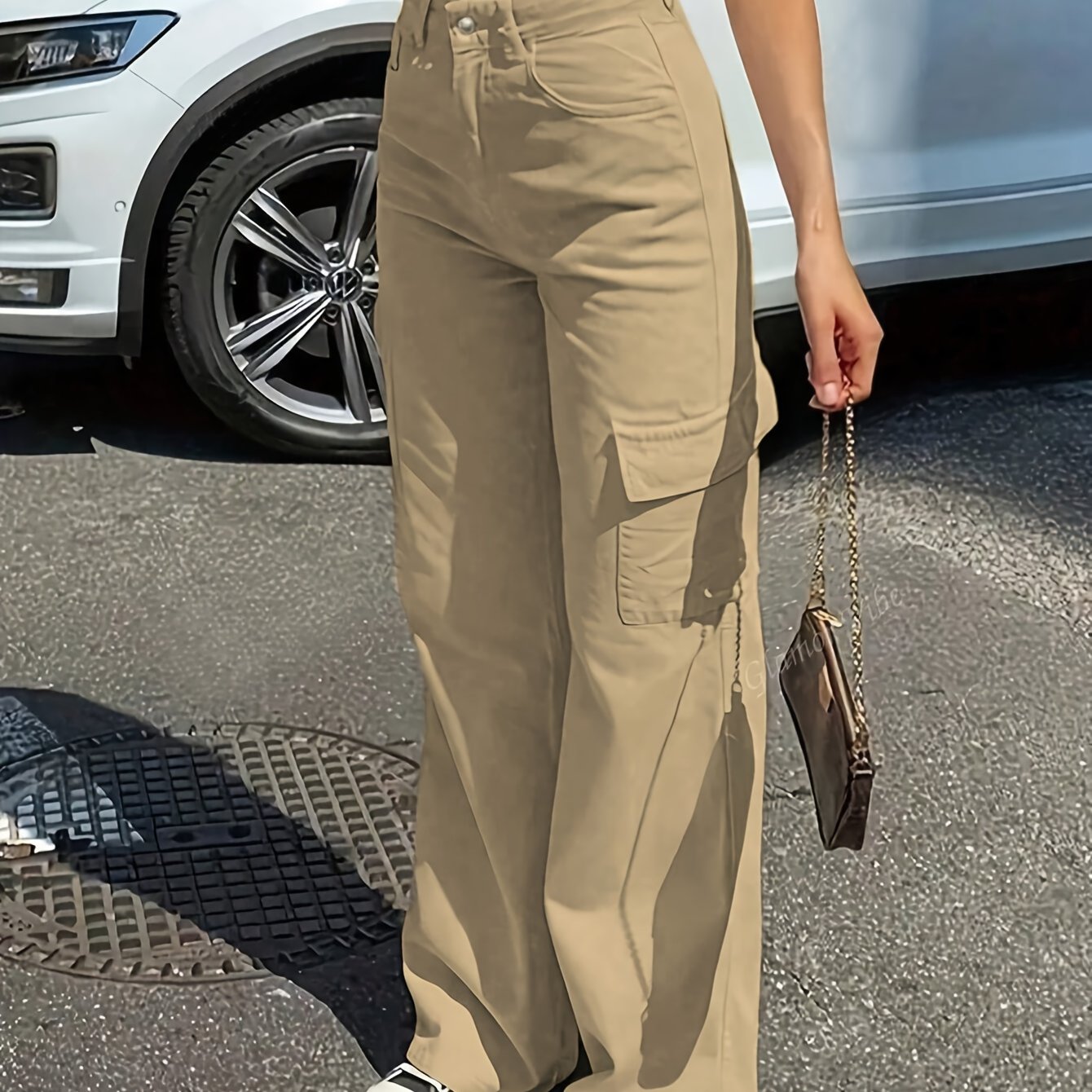 Trendy Hoge Taille Cargo Broek Voor Dames Met Wijde Pijpen En Zakken