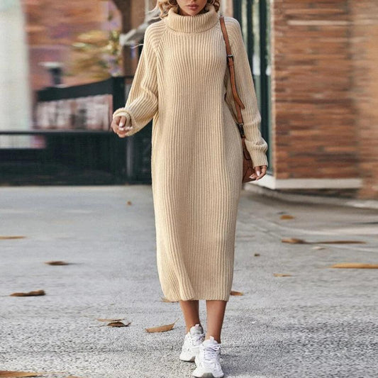 Warme Dames Gebreide Zachte Maxi Sweater Jurk met Col