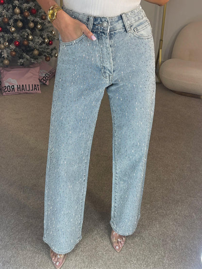High Waist Wide Leg Jeans Met Strass Voor Vrouwen