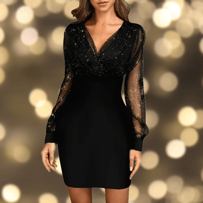 Lara – Feestjurk met Pailletten en Transparante Mouwen