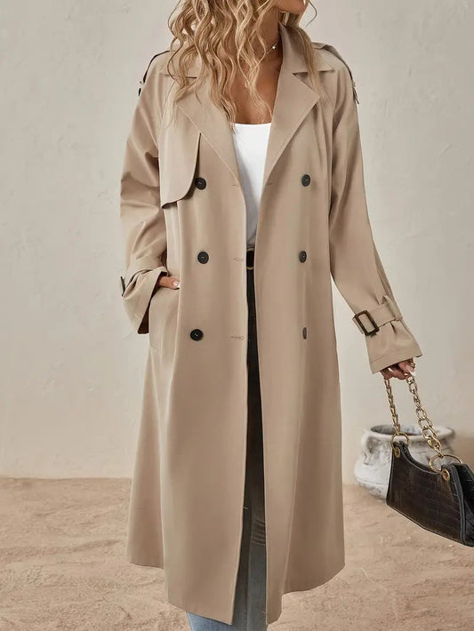 Beige Maxi Trenchcoat Dames Stijlvolle Dubbelrijg Jas Met Ceintuur