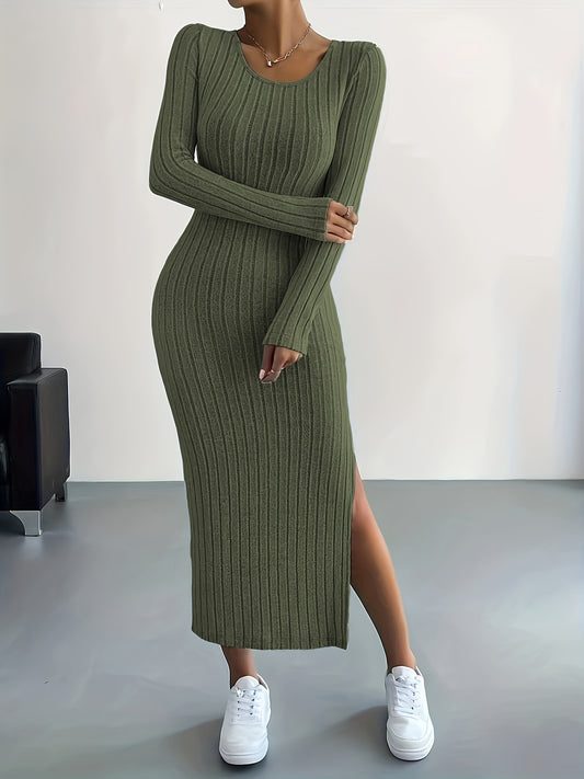Elegante Warme Geribde Midi Sweaterjurk Voor Dames Met Split