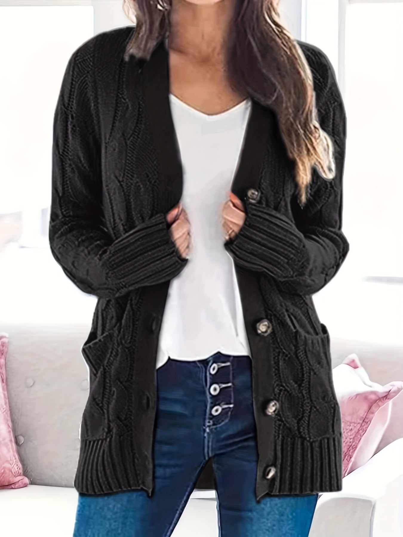 Warm Kabelgebreid Dames Vest Met Knopen En Zakken