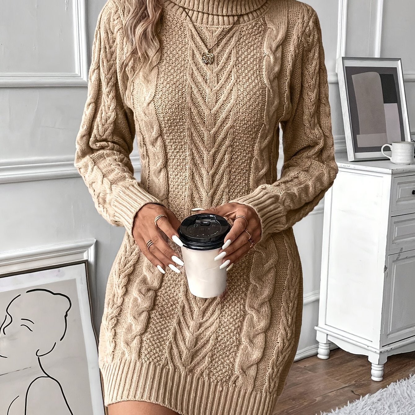 Kabelgebreide Mini Sweaterjurk Met Col Voor Dames Winter