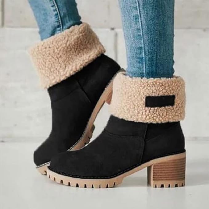 Warme Winter Enkellaarsjes met Bont aan de Kraag en Blokhak voor Dames