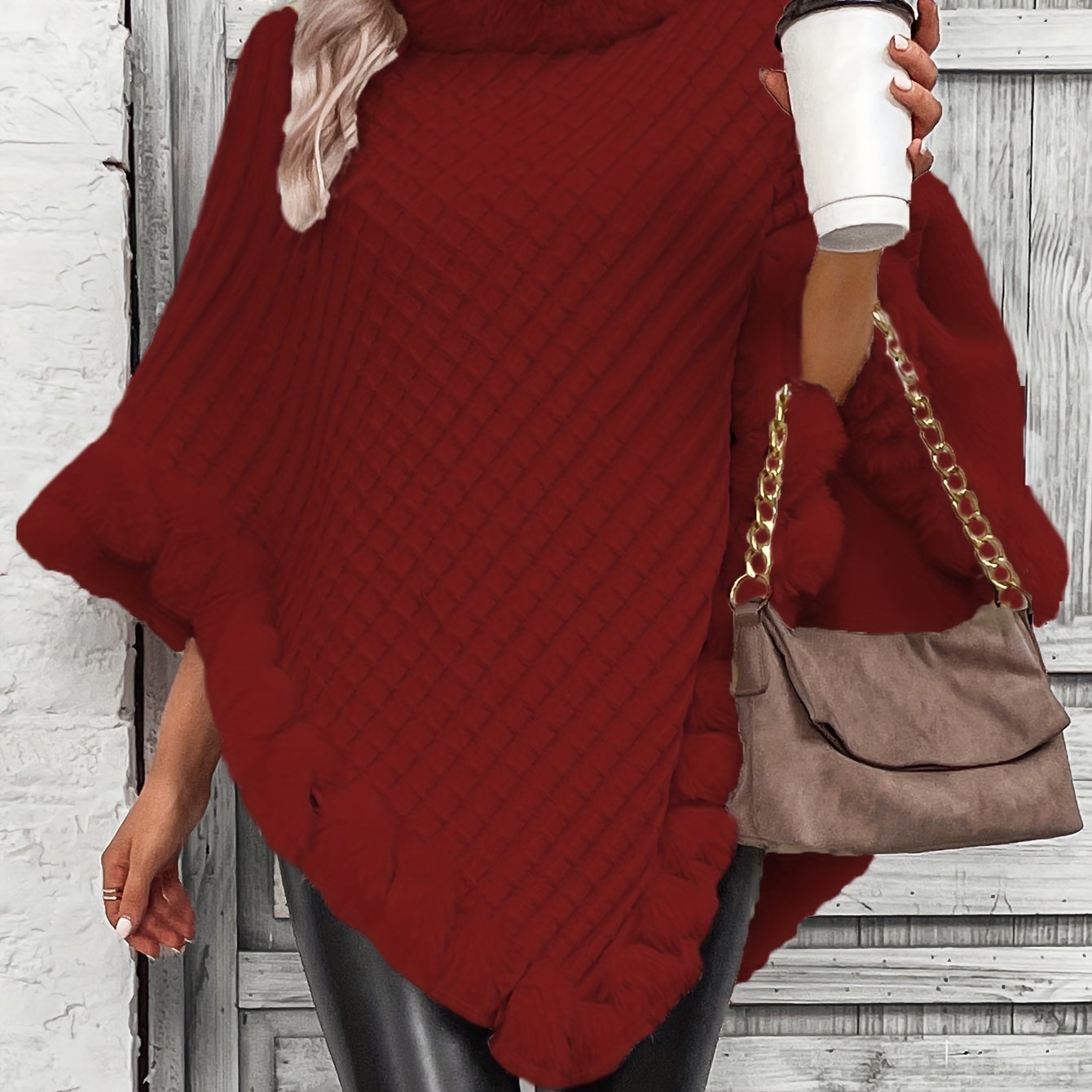 Warme Stijlvolle Poncho Trui Voor Dames Me Bontlook Col