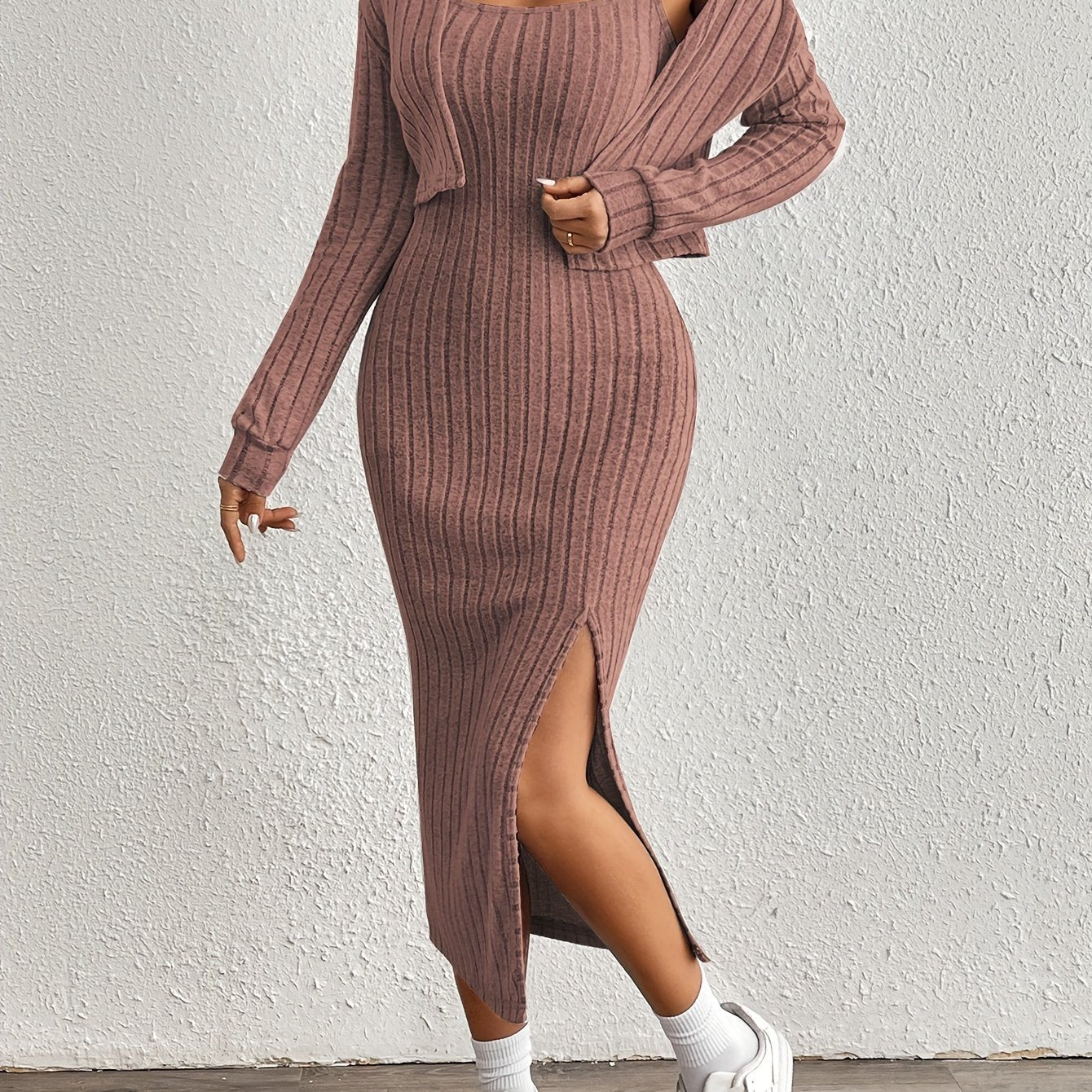 Stijlvolle Geribde Midi jurk Set Voor Dames Met Bolero Vest En Split