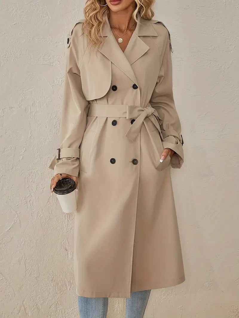 Beige Maxi Trenchcoat Dames Stijlvolle Dubbelrijg Jas Met Ceintuur