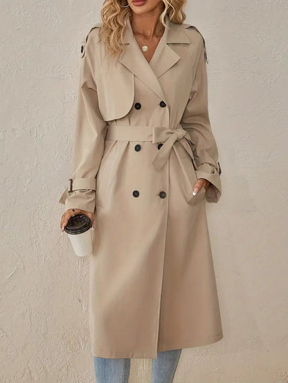 Beige Maxi Trenchcoat Dames Stijlvolle Dubbelrijg Jas Met Ceintuur