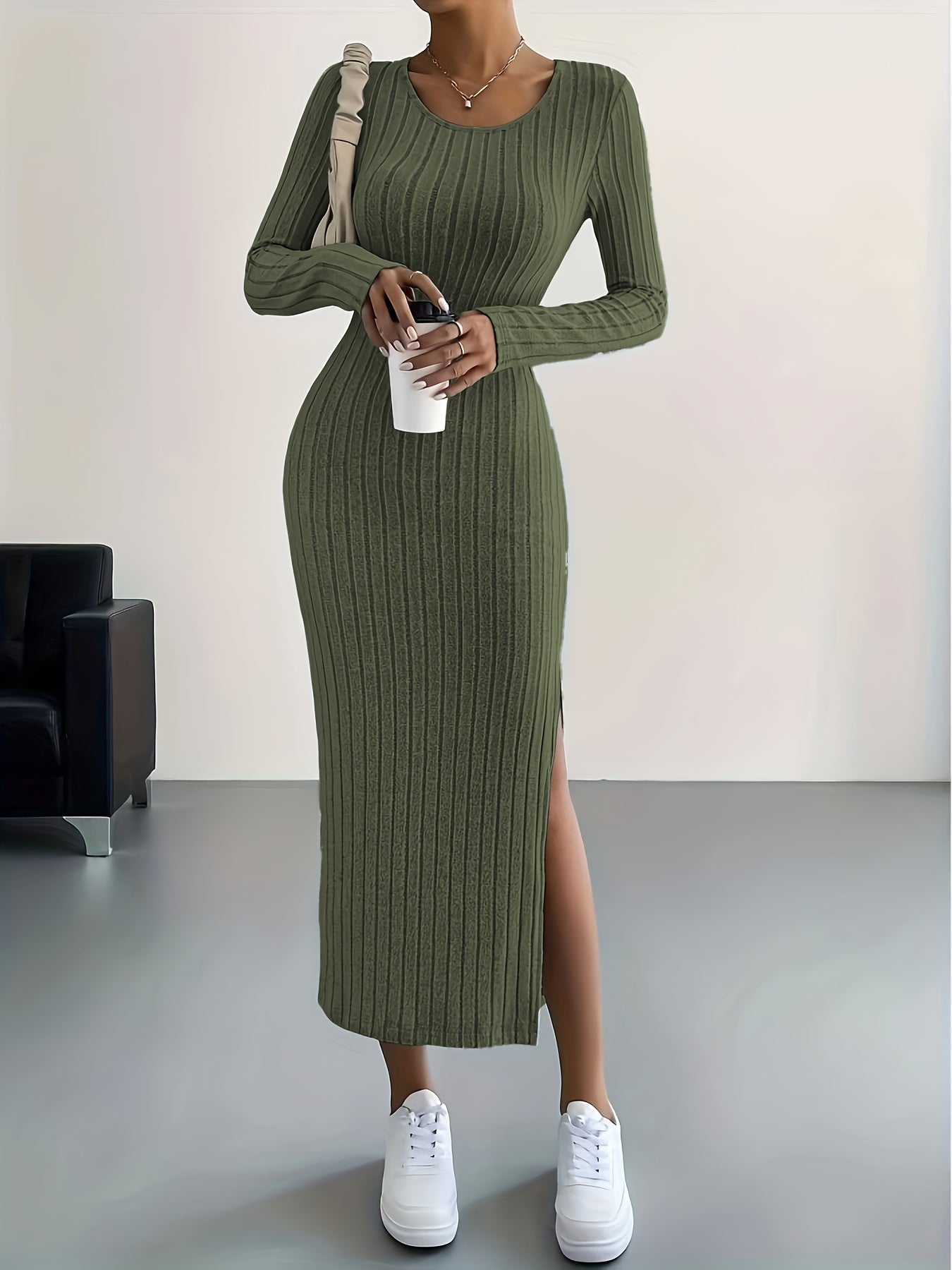 Elegante Warme Geribde Midi Sweaterjurk Voor Dames Met Split