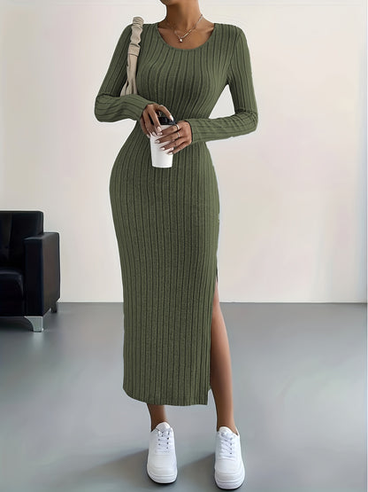 Elegante Warme Geribde Midi Sweaterjurk Voor Dames Met Split