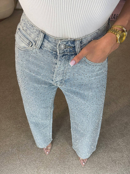 High Waist Wide Leg Jeans Met Strass Voor Vrouwen