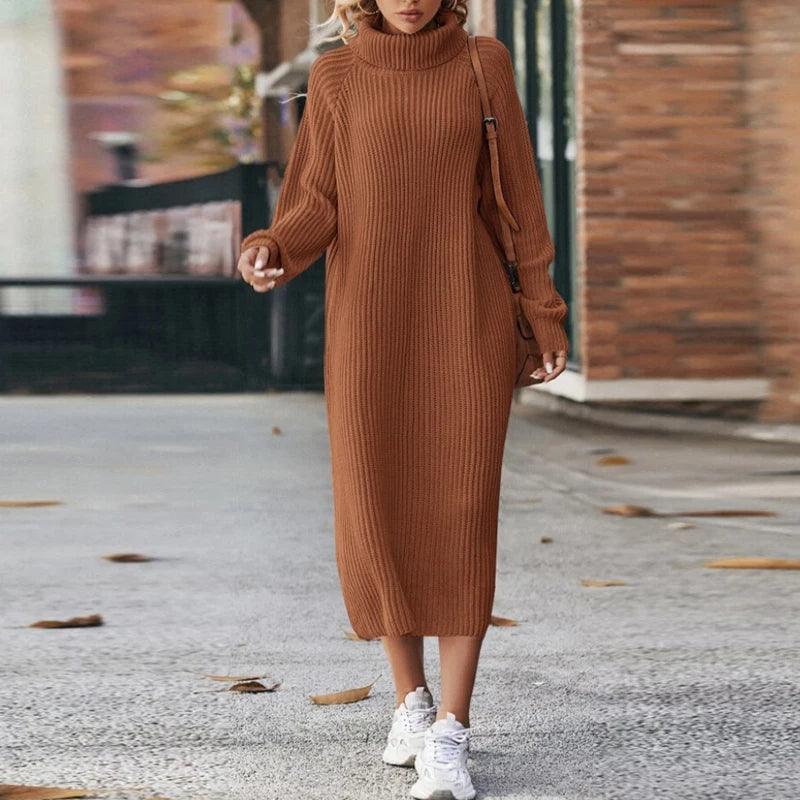 Warme Dames Gebreide Zachte Maxi Sweater Jurk met Col