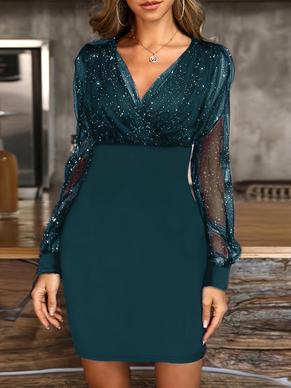 Pailletten Cocktail Mini Jurk Voor Vrouwen Met Lange Mesh Mouwen
