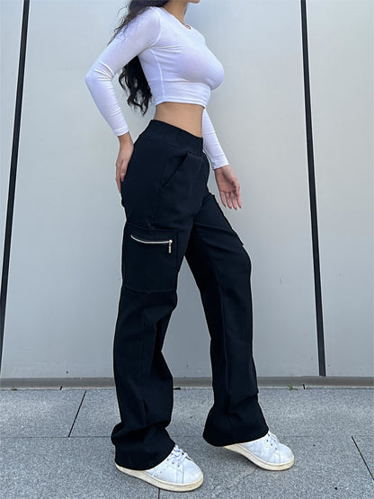 Stoere Zwarte High Waist Cargo Broek Voor Vrouwen Rechte Pijpen