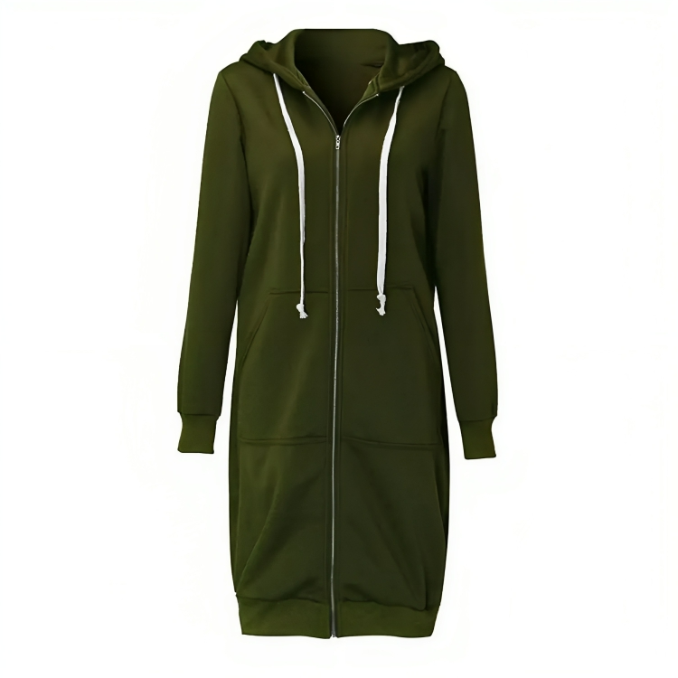 Comfortabele Dames Midi Sweaterjurk Met Rits en Capuchon