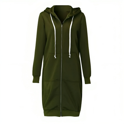 Comfortabele Dames Midi Sweaterjurk Met Rits en Capuchon