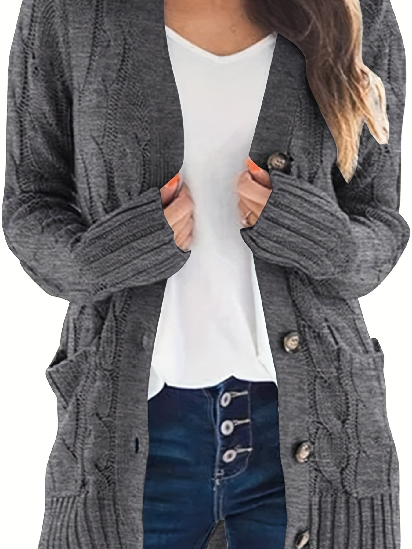 Warm Kabelgebreid Dames Vest Met Knopen En Zakken