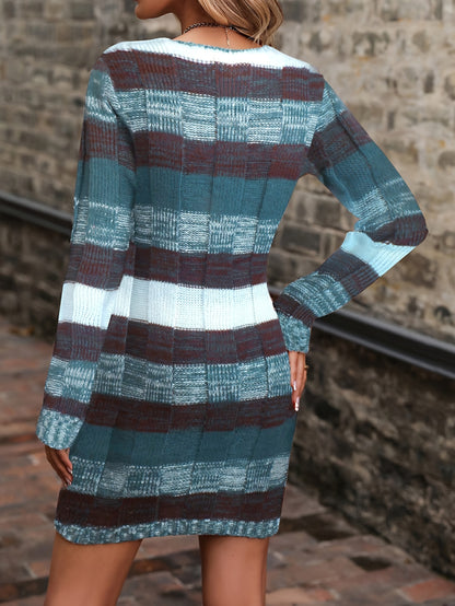 Geruite Gebreide Mini Sweaterjurk Voor Dames Met Zakken