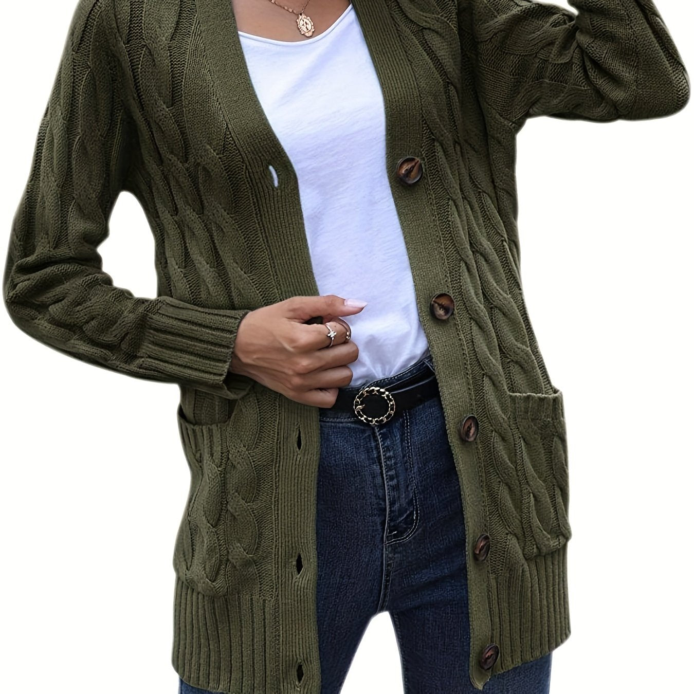 Warm Kabelgebreid Dames Vest Met Knopen En Zakken