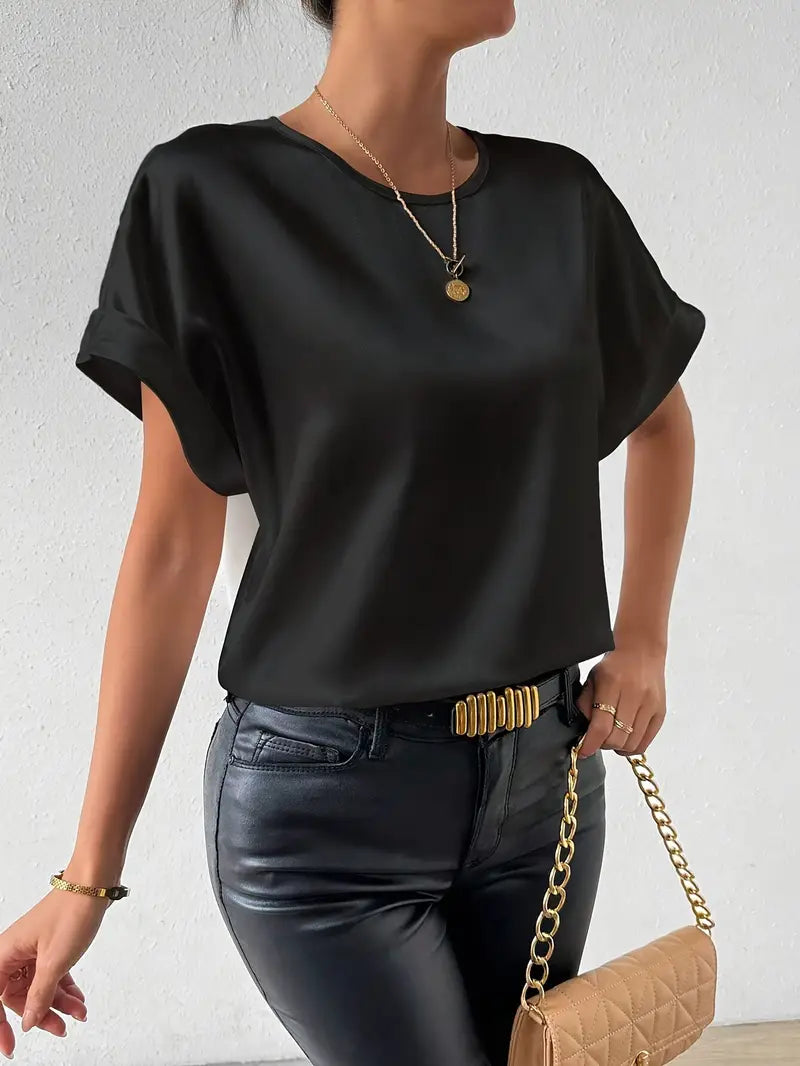 Katerina - Satijn afwerking T-shirt met opgerolde mouwen voor dames