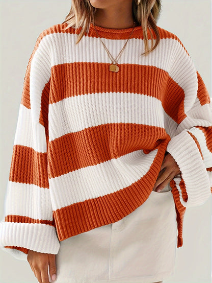 Gestreepte Oversized Trui Voor Dames Met Ronde Hals En Lange Mouwen