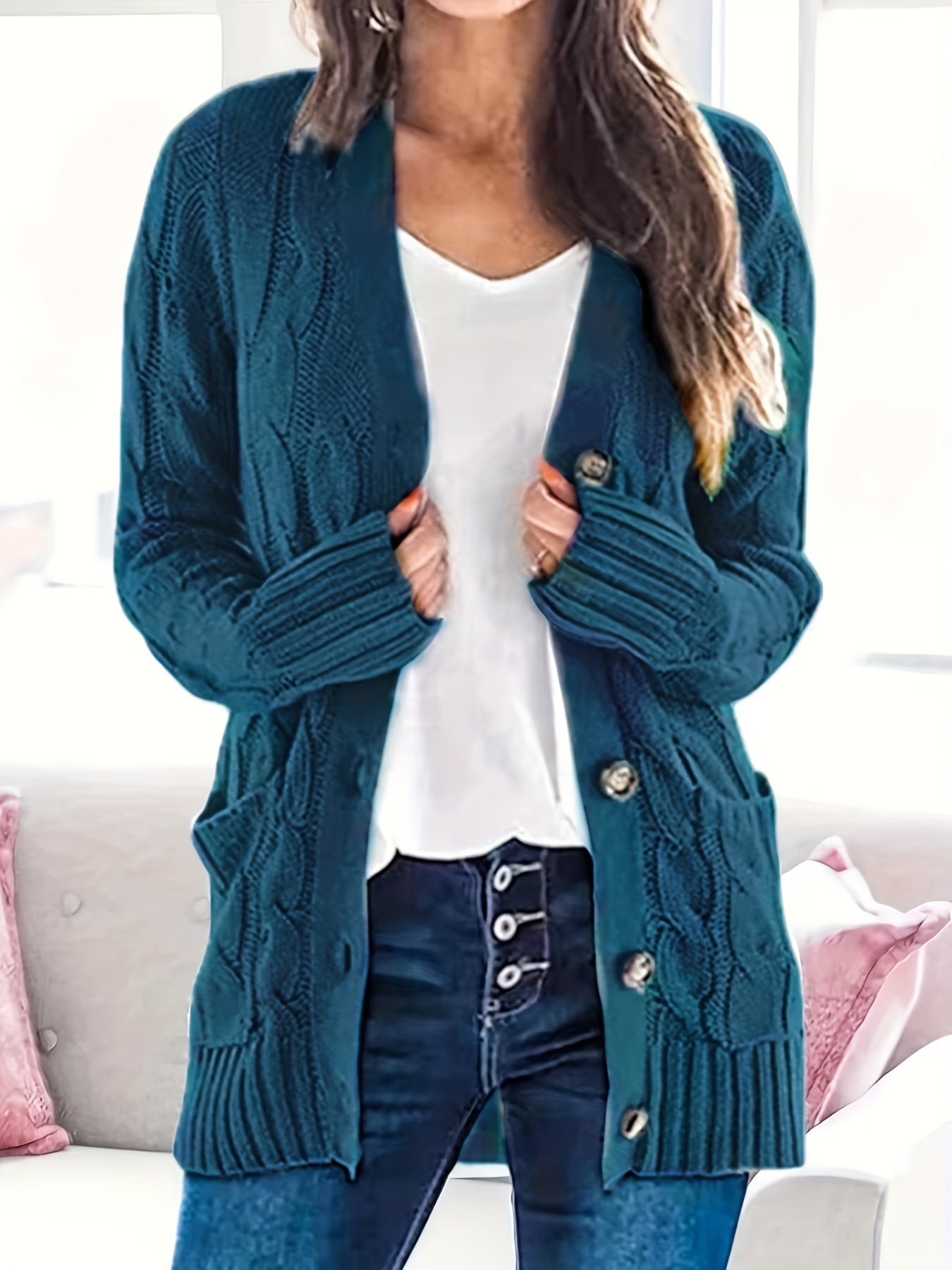 Warm Kabelgebreid Dames Vest Met Knopen En Zakken
