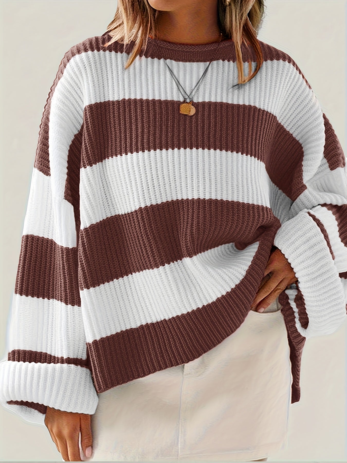 Gestreepte Oversized Trui Voor Dames Met Ronde Hals En Lange Mouwen