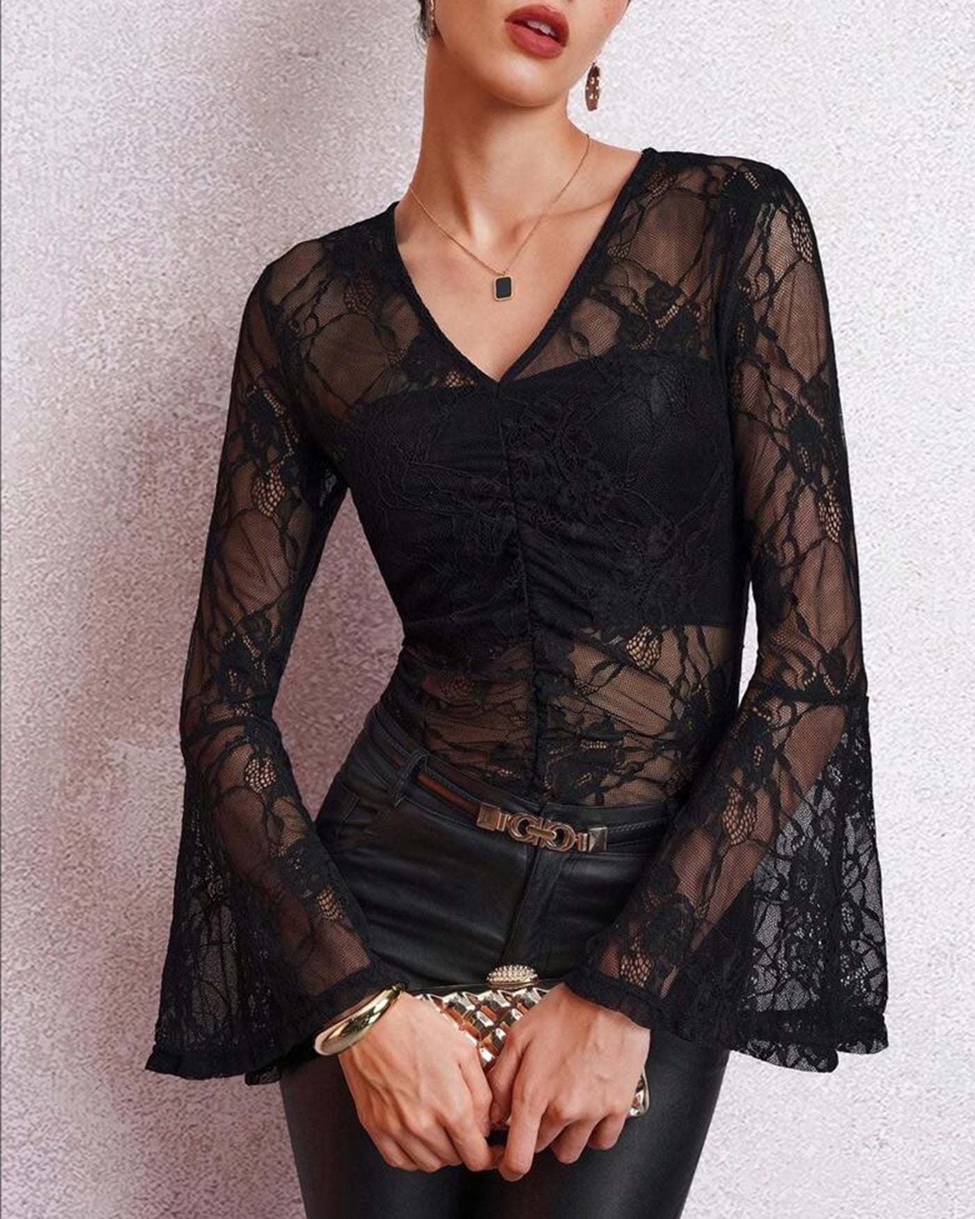 Kanten Shirt Voor Dames Met Bloemenprint En V-hals