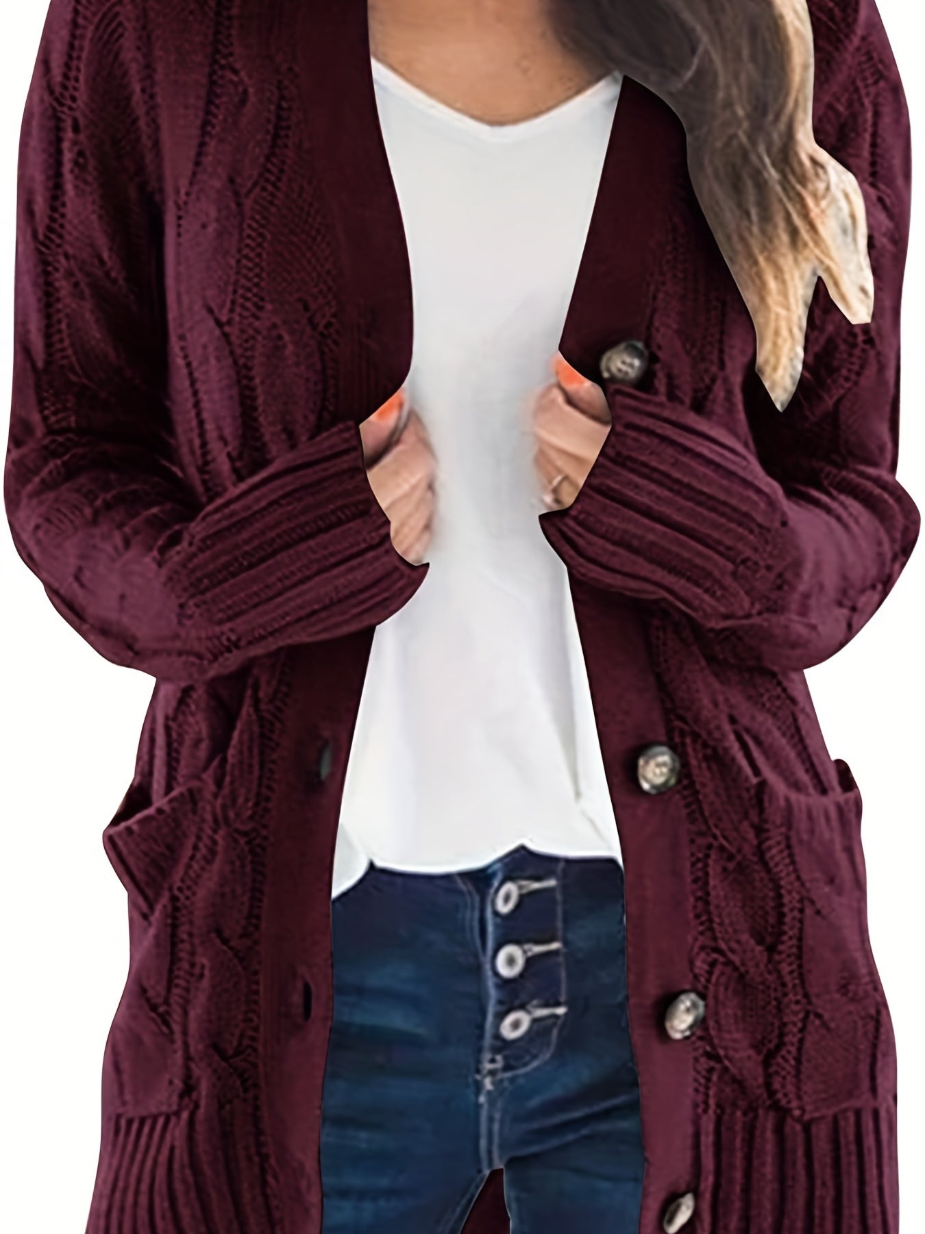 Warm Kabelgebreid Dames Vest Met Knopen En Zakken