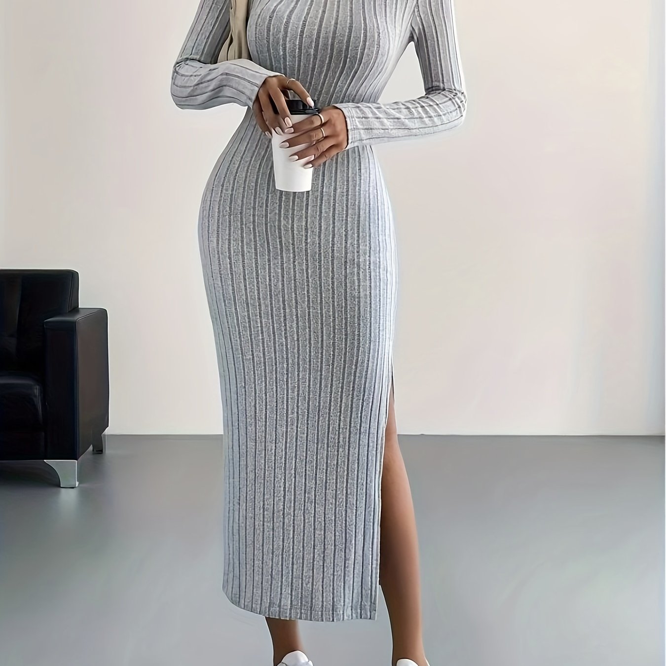 Elegante Warme Geribde Midi Sweaterjurk Voor Dames Met Split