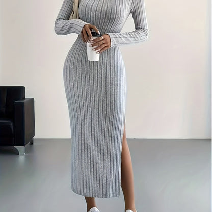 Elegante Warme Geribde Midi Sweaterjurk Voor Dames Met Split