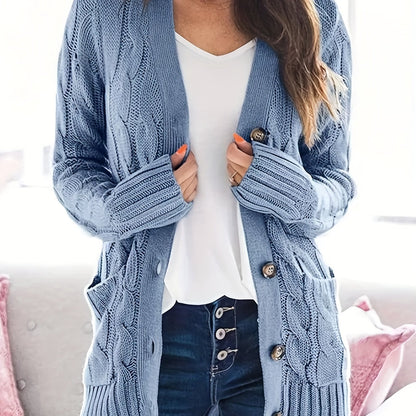 Warm Kabelgebreid Dames Vest Met Knopen En Zakken