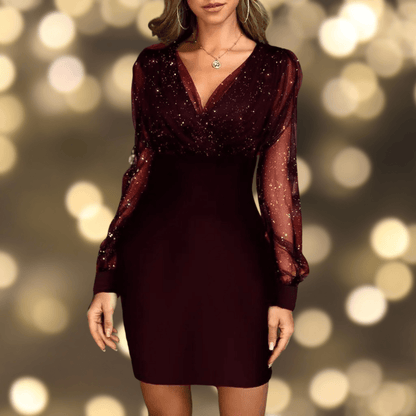 Lara – Feestjurk met Pailletten en Transparante Mouwen