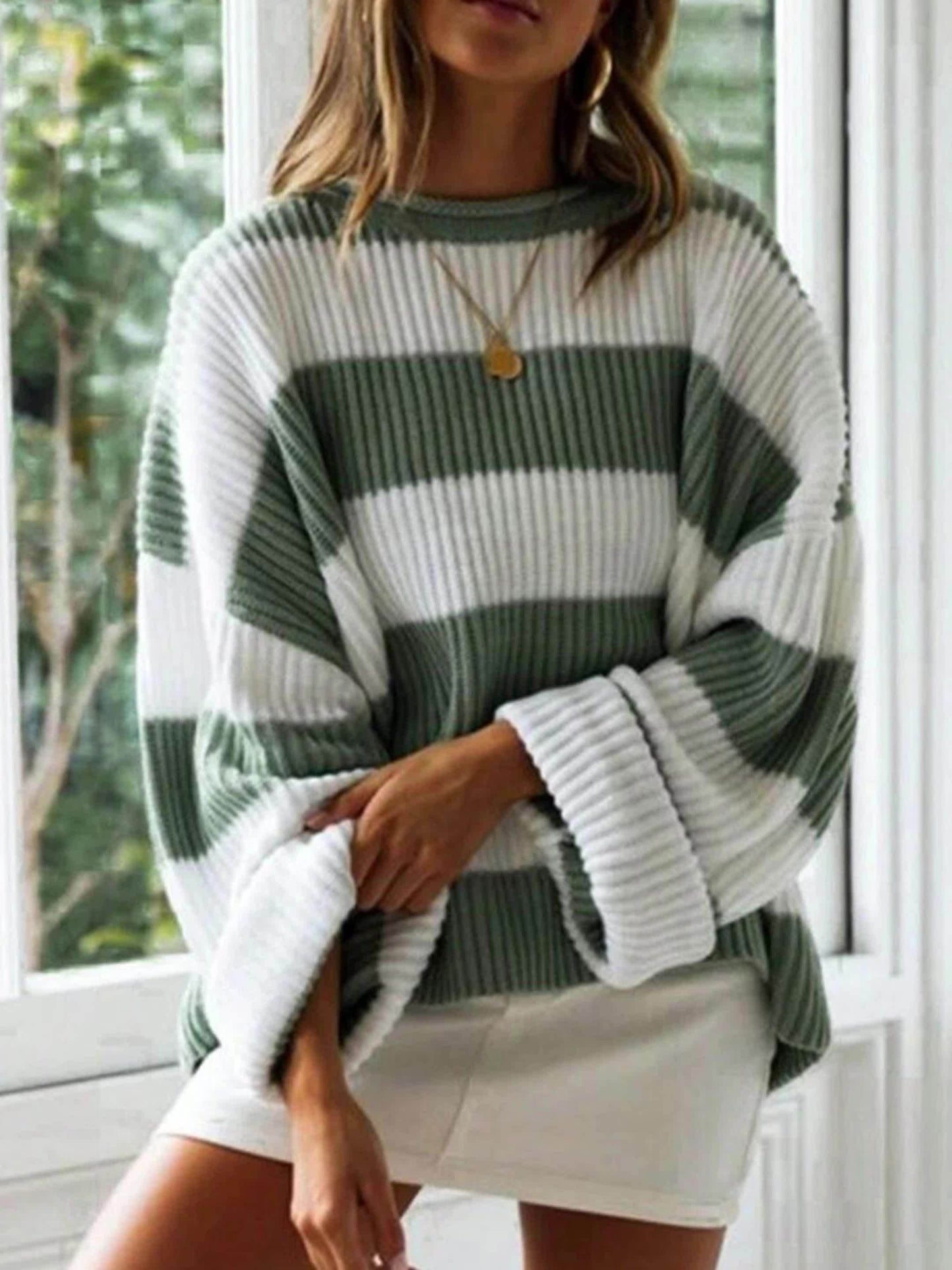 Gestreepte Oversized Trui Voor Dames Met Ronde Hals En Lange Mouwen