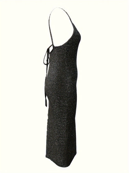 Glitter Midi Cocktailjurk Voor Dames Met Spaghettibandjes En Split