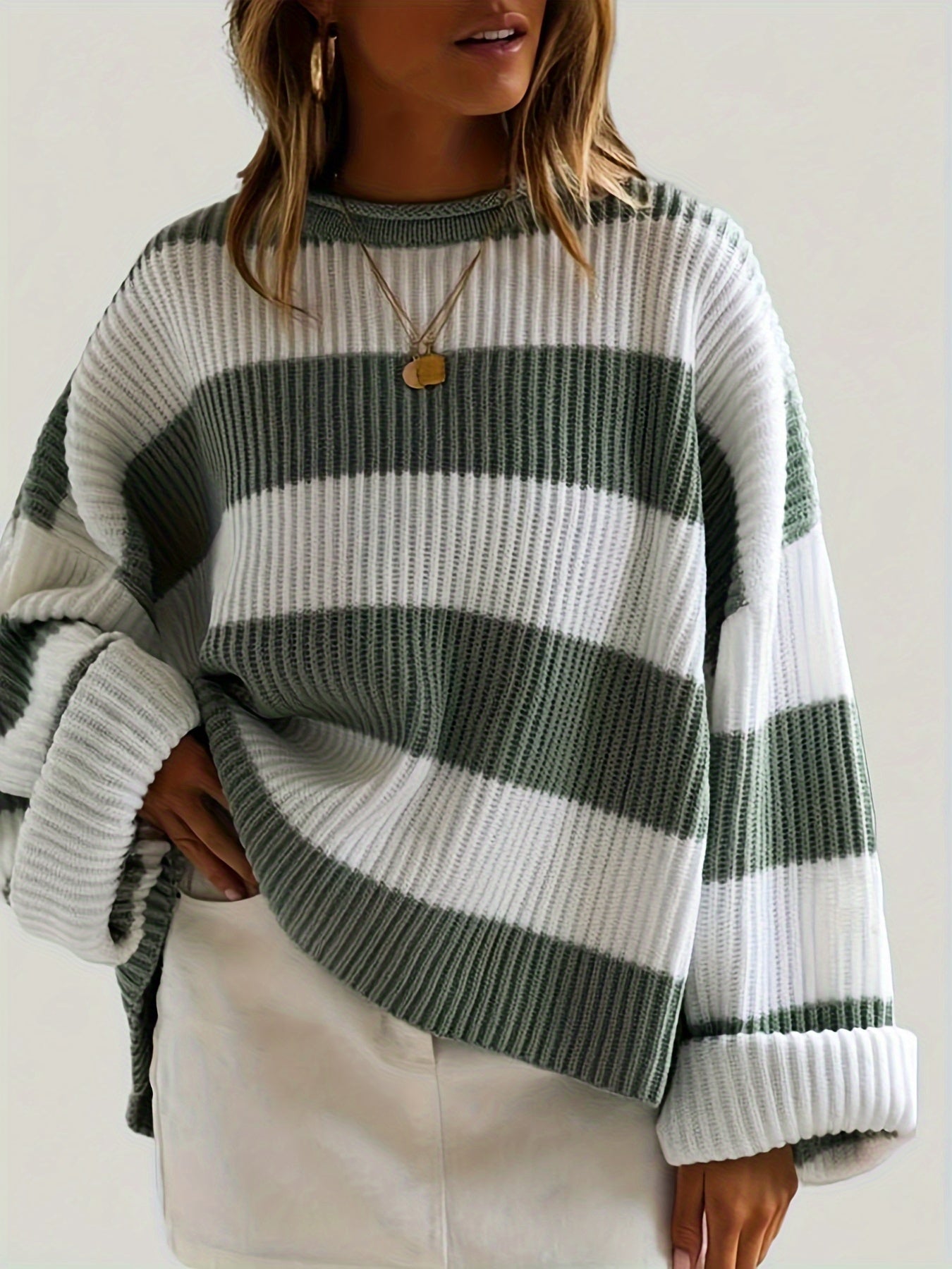 Gestreepte Oversized Trui Voor Dames Met Ronde Hals En Lange Mouwen