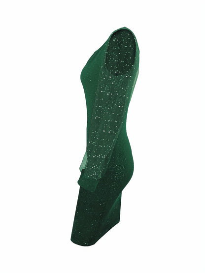 Glitter Midi Bodycon Cocktailjurk Voor Dames Met Mesh Mouwen