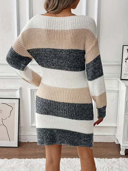 Dames Stijlvolle Gestreepte Mini Sweaterjurk Met Lange Mouwen