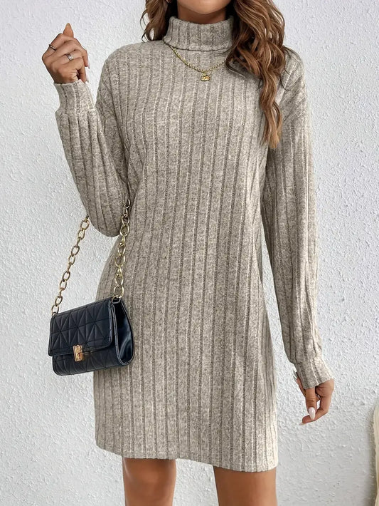 Warme Geribde Mini Sweaterjurk Voor Dames Met Col En Lange Mouwen