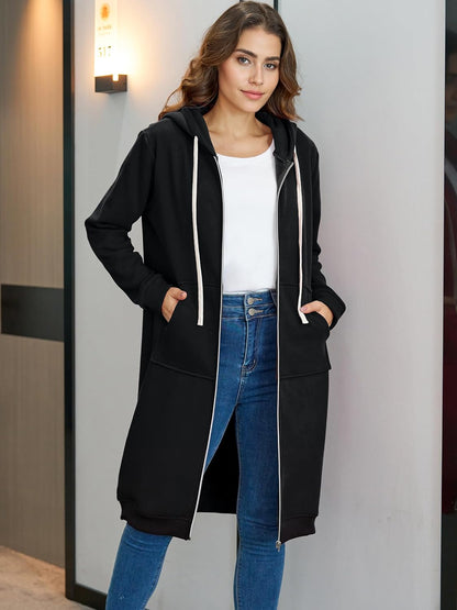 Comfortabele Dames Midi Sweaterjurk Met Rits en Capuchon