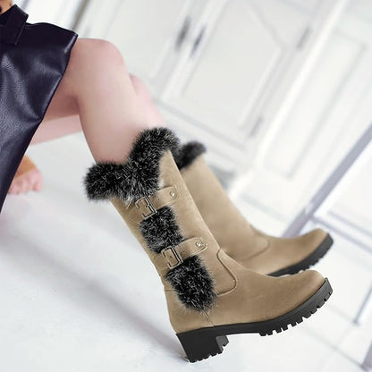 Dames Kniehoge Laarzen Winter Bont Rand Gesp Blokhak