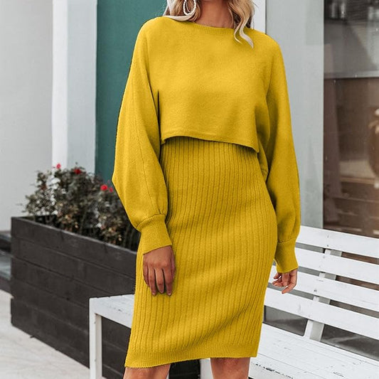 Elegante Vrouwen Gebreide Set Warme Crop Trui en Midi Rok