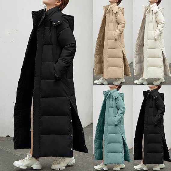 Lange Pufferjas met Zijsplit & Capuchon – Dames Winterjas