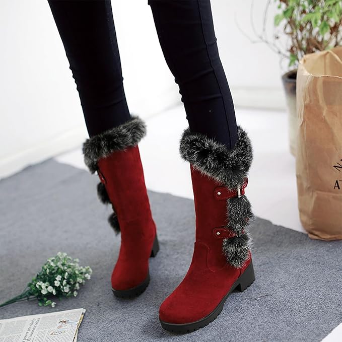 Dames Kniehoge Laarzen Winter Bont Rand Gesp Blokhak