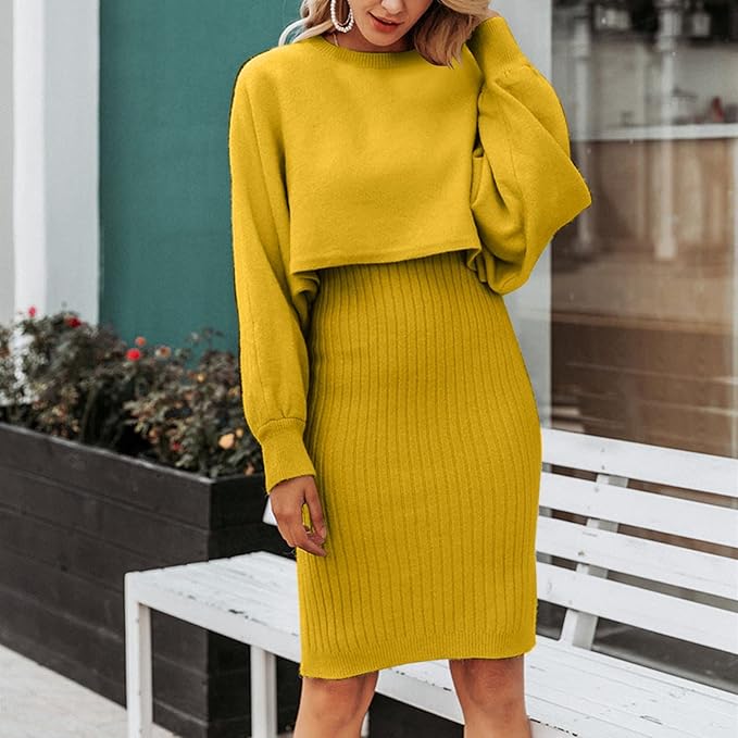 Elegante Vrouwen Gebreide Set Warme Crop Trui en Midi Rok
