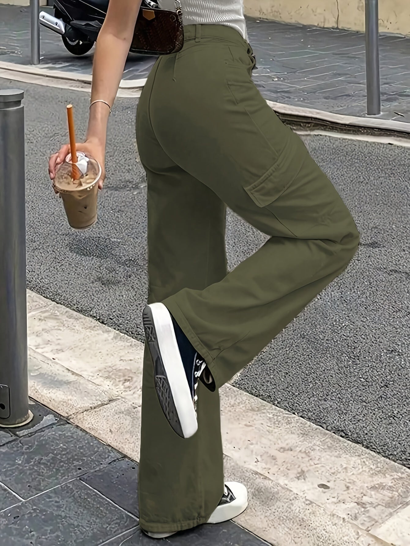 Trendy Hoge Taille Cargo Broek Voor Dames Met Wijde Pijpen En Zakken