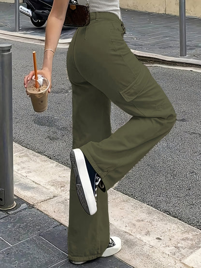 Trendy Hoge Taille Cargo Broek Voor Dames Met Wijde Pijpen En Zakken